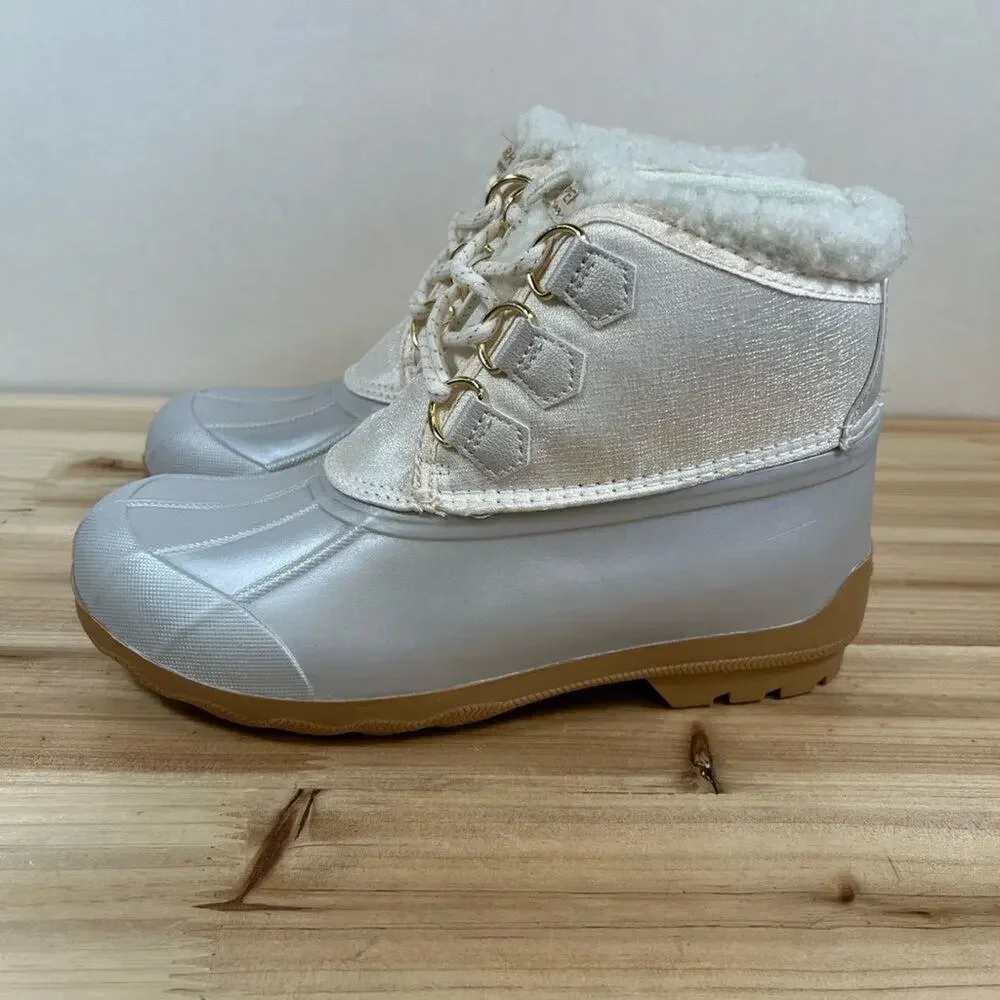 Sperry Cozy Duck boots winter rain waterproof silver tan Womens 6 Mens 5 NEW